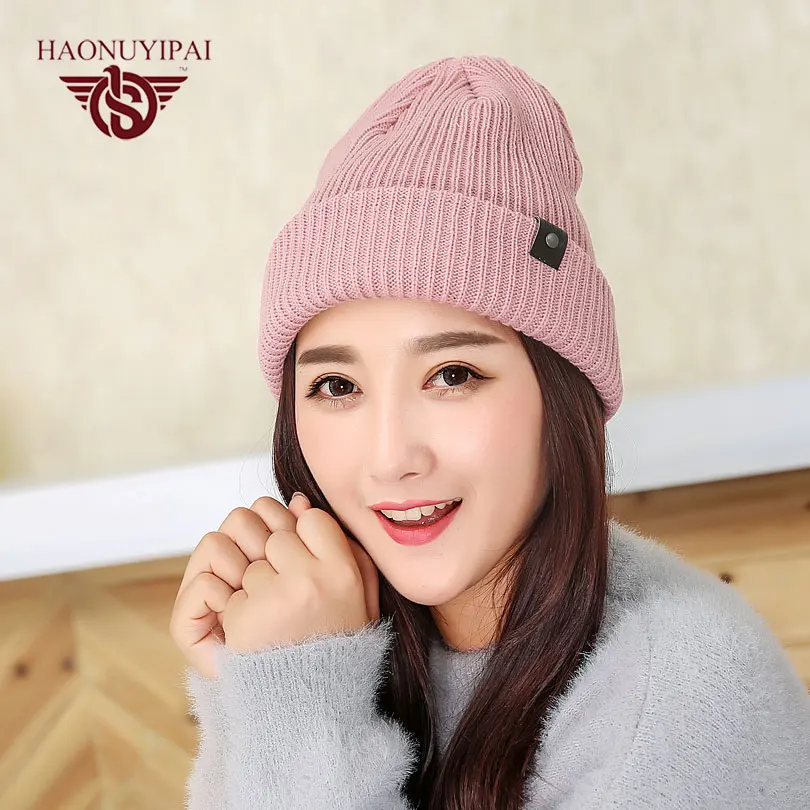 Fashion Warm Autumn Winter Knitted Hats For Unisex Stripes Solid Color Skullies Beanies Adult Leisure Sport Cap 3 Colors ZW039
