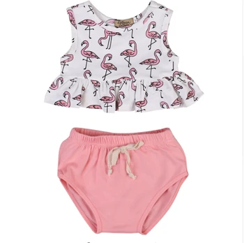 2pcs!! Cute Newborn Infant Baby Girl Clothes Set Sleeveless Flamingo Ruffles T-shirt +Bloomer Bottoms Outifts Sunsuit