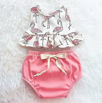 2pcs!! Cute Newborn Infant Baby Girl Clothes Set Sleeveless Flamingo Ruffles T-shirt +Bloomer Bottoms Outifts Sunsuit
