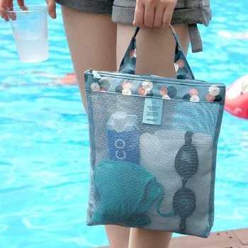 Summer Floral Beach Handbag Women Mesh Travel Organizer Storage Bags Portable Tote Bags Small