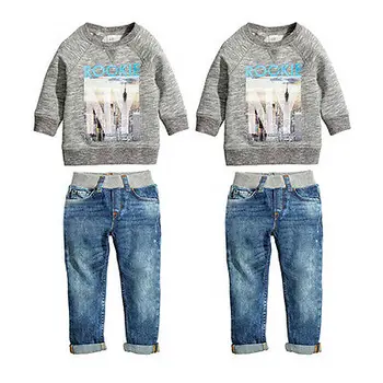 2pcs set!! Baby Kids Boys Clothes Cool Long Sleeved O Neck Shirt Sweater + Jeans Denim Trousers Outfits