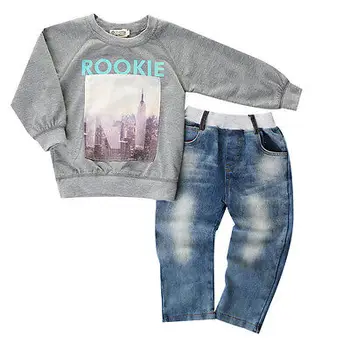 2pcs set!! Baby Kids Boys Clothes Cool Long Sleeved O Neck Shirt Sweater + Jeans Denim Trousers Outfits