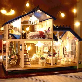 1:24 Big DIY Wooden Handcraft Miniature Provence Dollhouse & Furniture Voice-activated LED Light Music Doll House Toys For Kids