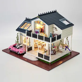 1:24 Big DIY Wooden Handcraft Miniature Provence Dollhouse & Furniture Voice-activated LED Light Music Doll House Toys For Kids