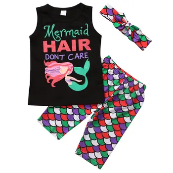Baby Girl Clothing Sets Infant Girl Baby Kids Mermaid Clothes Sleeveless T-shirt Top+Shorts Pants Outfit Summer Set