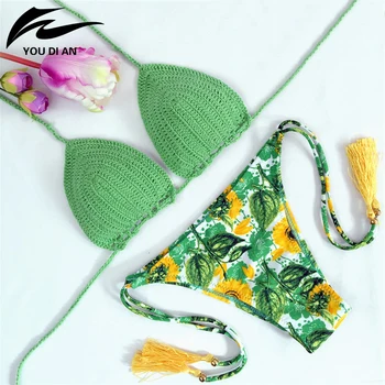 2017 Bikini Set Swimwear Women Pure Handmade Crochet Swimsuit Halter Floral Print Low Waist Bikini Set Knitting Bathing Suit