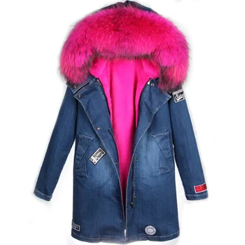 2016 new winter big raccoon fur collar denim jacket long padded Parka female detachable liner warm winter jackDHL
