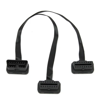 Free DHL/Fedex 100pcs Flat+Thin As Noodle OBD 2 OBD2 16 Pin ELM327 Male To Dual Female Y Splitter Elbow Extension Cable 30cm