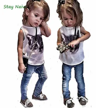 2017 European and American children's clothing girl boy cat pattern sleeveless shirt + jeans / 2 sets of children suit