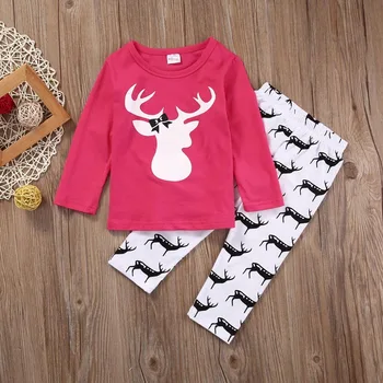 2pcs Toddler Baby Kids Girls Outfits Tee Shirt Pants Set Xmas Deer Clothes 0-5 T