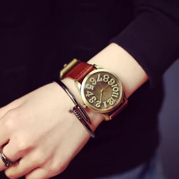 Fashion Vintage Big Number Magic Leather Strap Quartz Analog Wristwatches Watch for Women Ladies Girls Black Brown Blue OP001