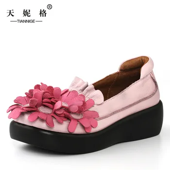 2017 spring women casual shoes thick bottom genuine leather manual ladies shoes heels with Sen style