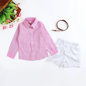 2017 Girls Summer Clothes Suit shirt + shorts + belt 3pcs / set pink striped shirt fashion suit Kids suit