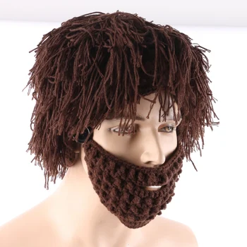 Men Women Funny Party Adults Mask Knitted Wig Beard Hat Solid Winter Caps