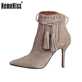 Women Pointed Toe Thin Heel Ankle Boots Woman Fashion Tassel Boots Ladies Brand New Cross Strap Heeled Shoes Size 35-46 B293