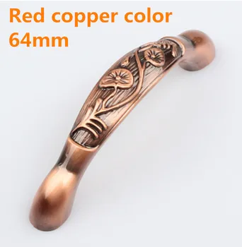 Length 82mm Hole Pitch 64mm Red copper color Zinc Alloy Kitchen Furniture cabinet Handle antique bedroom drawer handle