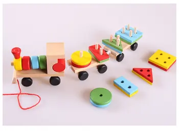 New Vehicle Blocks Educational Kid Baby Wooden Solid Wood Stacking Train Toddler Block Toy