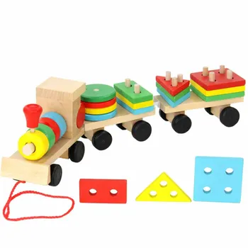 New Vehicle Blocks Educational Kid Baby Wooden Solid Wood Stacking Train Toddler Block Toy