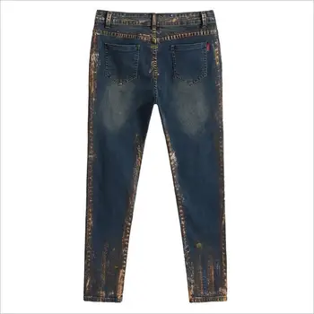 7XL 6XL 5XL large size COTTON jeans 2017 women fatter MM waist Patchwork increase size paint was thin Slim pencil jeans w1183