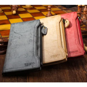 TIDING English Bridle Leather Wallets Unisex Cow Leather Clutch Bag Ladies Men Purses Travel Organizer for iPhone 4185