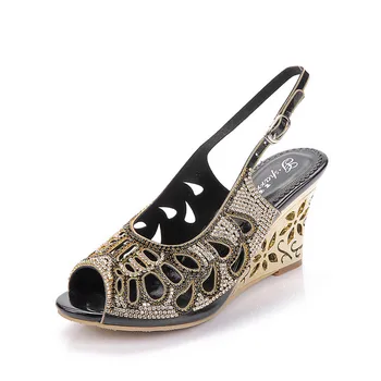 Black Rhinestone High Heel Sandals Plus Size 44 Summer 2017 Sexy Leather Diamond Fashion Slippers Female Rome Slides Shoes Women