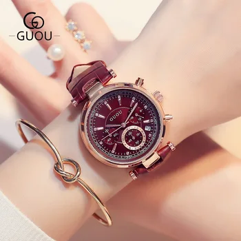 GUOU Brand Fashion 3 Eyes Waterproof Leather Analog /w Calendar Quartz Wristwatches Wrist Watch for Women Girls Black Purple