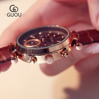 GUOU Brand Fashion 3 Eyes Waterproof Leather Analog /w Calendar Quartz Wristwatches Wrist Watch for Women Girls Black Purple