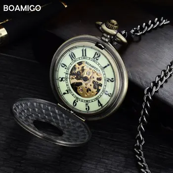 FOB men pocket watches antique mechanical watches BOAMIGO skeleton roman number watches copper design gift clock reloj hombre