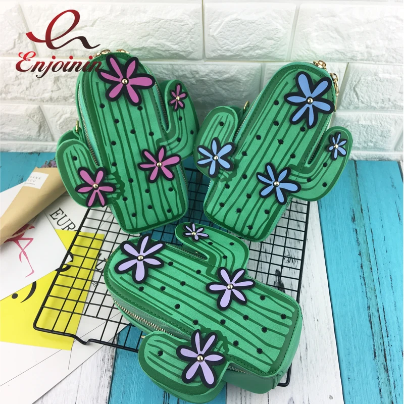 Cute personality green cactus shape embroidery flowers mini chain shoulder bag ladies handbag flap purse crossbody messenger bag