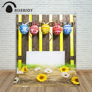 Allenjoy Easter backdrop Happpy Easter eggs Small flowers fence ribbon custom photographic camera photocall