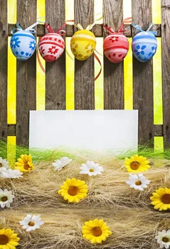 Allenjoy Easter backdrop Happpy Easter eggs Small flowers fence ribbon custom photographic camera photocall