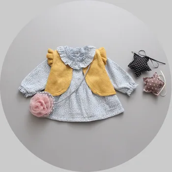 2017 New Spring Baby Girls Kids Knitted vest+ sweet Floral print long sleeves dress Princess Infants 2pcs clothing setS4678