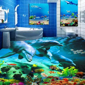 Custom 3D Floor Wallpaper Ocean World Dolphin Toilets Bathroom Bedroom 3D Stereoscopic Floor Mural Painting Wallpaper Waterproof