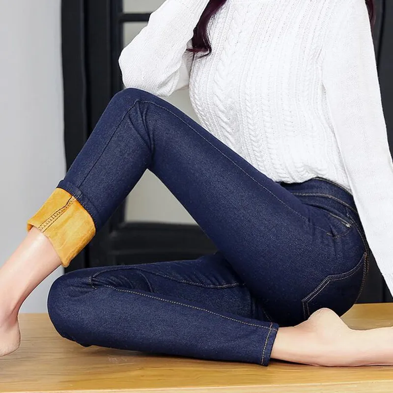 Donna 2017 Winter Boyfriend Jeans For Women Warm Fleeces Pencil Pants Casual Trousers Mid-Waist Fashion Slim Denim Pants K46S