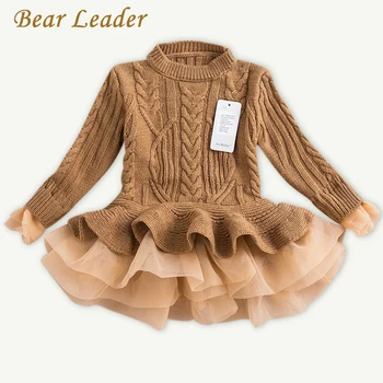 Bear Leader Girls Dress 2016 Winter Pullover Knitted Sweaters Ball Gown Dress Long Sleeve Outerwears O-neck Kids Knitwear 3-7Y