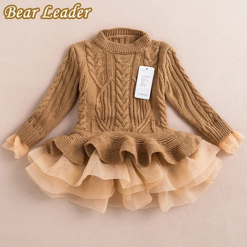 Bear Leader Girls Dress 2016 Winter Pullover Knitted Sweaters Ball Gown Dress Long Sleeve Outerwears O-neck Kids Knitwear 3-7Y