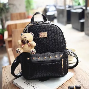 2016 New College Girls Backpack PU Leather Woven Fashion Women Backpack School Rivet Travel Bags With Bear For Teenagers Girls