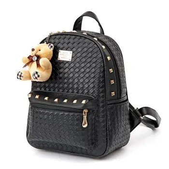 2016 New College Girls Backpack PU Leather Woven Fashion Women Backpack School Rivet Travel Bags With Bear For Teenagers Girls