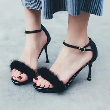 BEANGO Fur Fashion Women Sandals Thin High Heels Shoes Open toe Pumps Sandal 2017 Summer New Ankle Strap Sandals zapatos mujer
