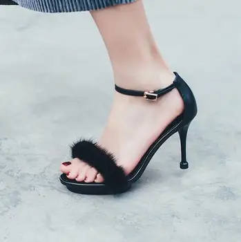 BEANGO Fur Fashion Women Sandals Thin High Heels Shoes Open toe Pumps Sandal 2017 Summer New Ankle Strap Sandals zapatos mujer