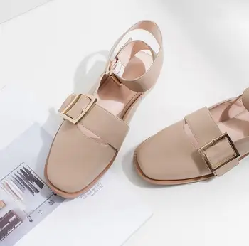 BEANGO genuing leather front&rear strap Square toe women square heel causal sandals solid lady buckle strap sandals shoes