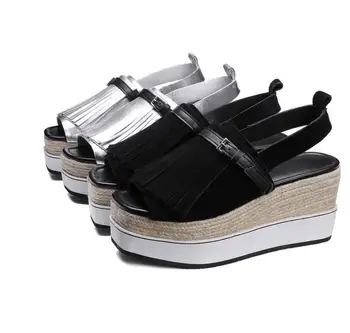 BEANGO 2017 summer new for female flat toe wedges sandals genuine leather buckle decorate tassel platform comfortable women shoe