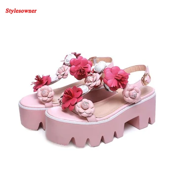 Stylesowner 2017 New fashion brand peep toe pink sexy flower platform women sandals mixed color high heel concise casual shoe
