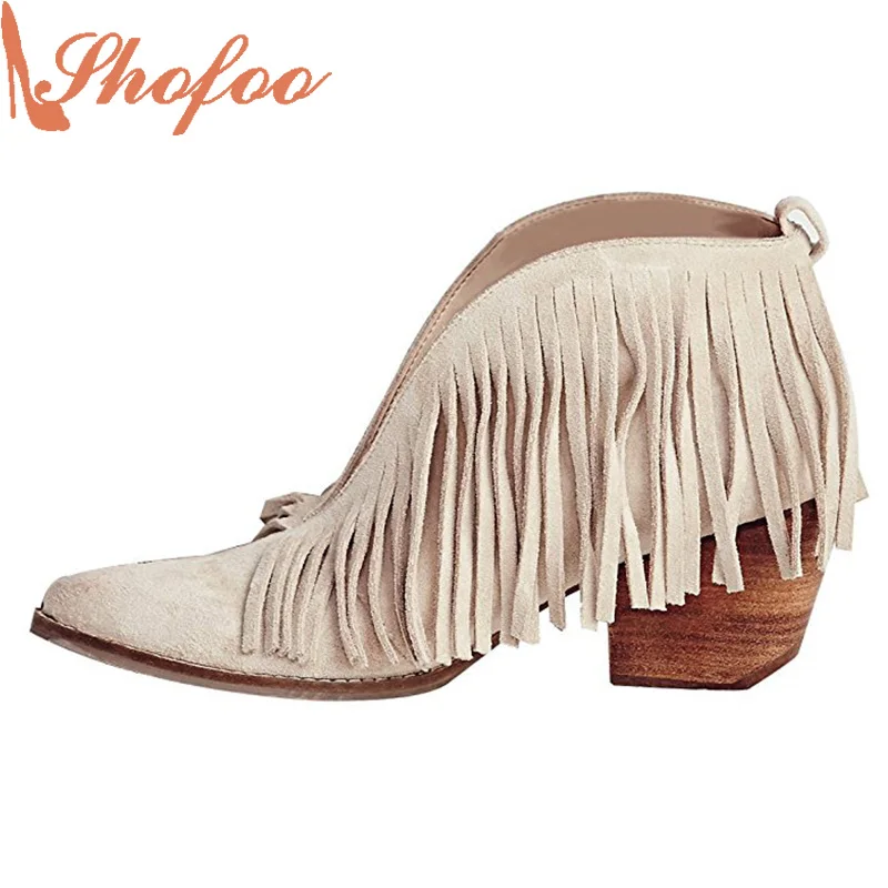 Shofoo Lady's Women's Mid Heel PintedToe Quaste Ankle Boots Handmade For Wedding Party Dress Shoes, Platform Slip On heels