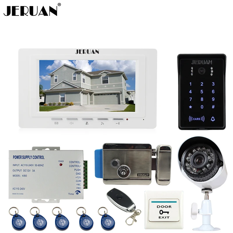 JERUAN unique 7`` video door phone intercom System monitor waterproof Touch Key password keypad Camera+700TVL Analog Camera+lock