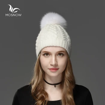 Mosnow New 2016 Rabbit Hair Fox Fur Pom Poms Winter Hats For Women Casual Brand Vogue Knitted Warm Hat Female Skullies Beanies