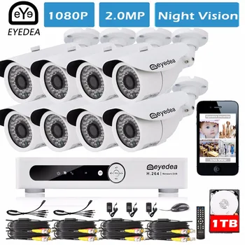Eyedea 8 CH Email Alarm Phone View Video DVR 2.0MP 1080P White Bullet Outdoor LED Surveillance CCTV Security Camera System 1TB
