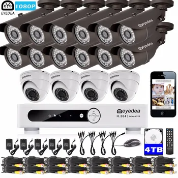 Eyedea 16 CH Phone View DVR 1080P White 12 Bullet 4 Dome Outdoor Night Vision CCTV Security Camera Video Surveillance System 4TB