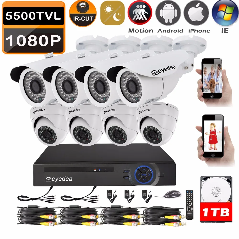 Eyedea 8CH DVR 1080P Video Recorder 2.0MP Bullet Dome Outdoor Night Vision Business Surveillance CCTV Security Camera System 1TB