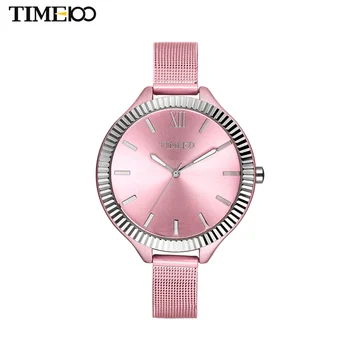 TIME100 Elegance Women's Quartz Watch Analog Pink Steel Mesh Strap Ultra Thin Big Case Waterproof Women Clock Bracelet Watches
